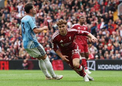 Liverpool’s Victor Munoz celebrates scoring their second goal.
