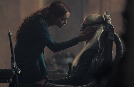 War-hungry … Olivia Cooke as Queen Alicent Hightower and Ewan Mitchell as Prince Aemond.