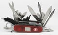 A Victorinox Swiss army knife with many of its tools unfolded
