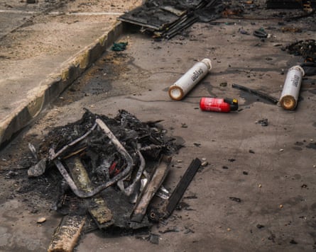 Burnt-out remains at the scene of an arson attack on Jewish charity ambulances in Golders Green, north London.