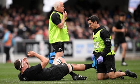 Brodie Retallick of New Zealand receives medical attention in the Bledisloe Cup match between the All Blacks and Wallabies in Dunedin.