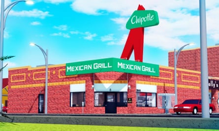 A Chipotle restaurant in a blocky building inside a game