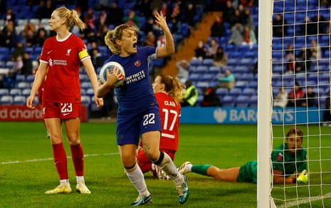 Chelsea’s Erin Cuthbert celebrates after Liverpool’s goalkeeper Teagan Micah scored an own goal and Chelsea third goal which put the game back on level terms.