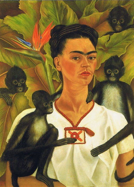 Frida Kahlo gazes directly forward, surrounded by monkeys and tropical foliage