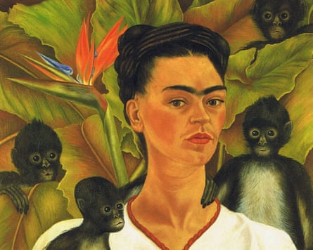 A painting of a woman with a monobrow surrounded by small monkeys.