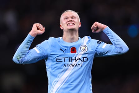 Erling Haaland celebrates scoring Manchester City's second goal