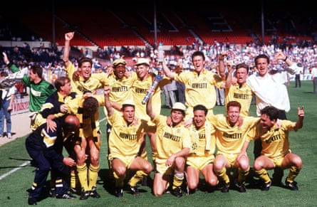 Cambridge celebrate promotion after beating Chesterfield in the Division Four play-off final in May 1990.