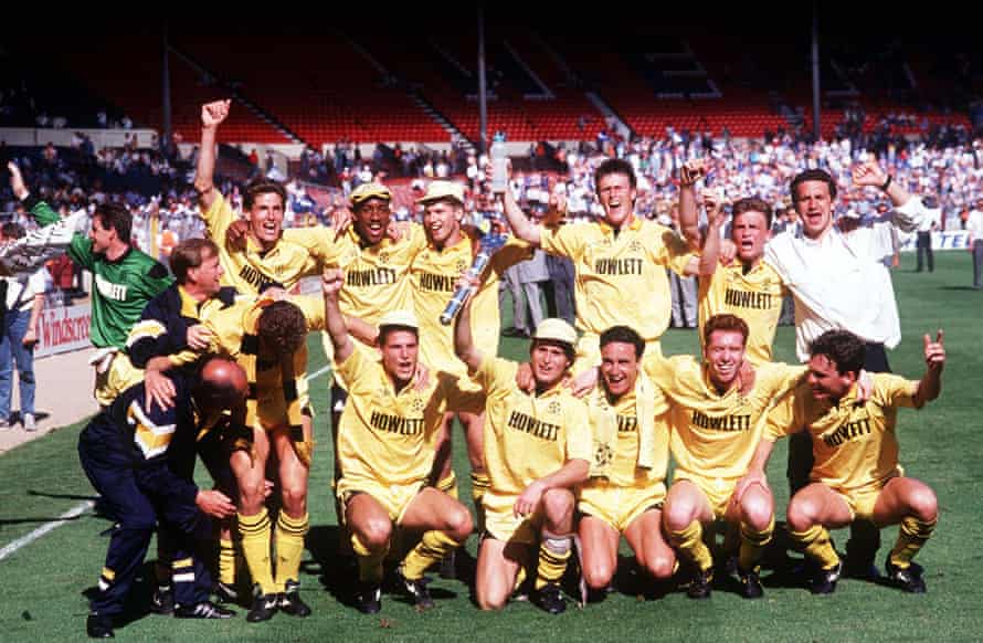 Cambridge celebrate promotion after beating Chesterfield in the Division Four play-off final in May 1990.
