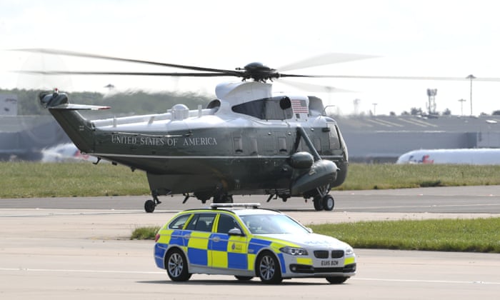 President Trump and his wife Melania depart Stansted Airport in Essex in Marine One