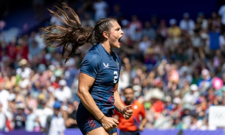 Ilona Maher celebrates a try against France at the Paris Olympics