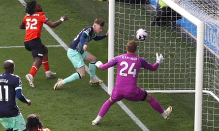 Keane Lewis-Potter of Brentford scores the fourth goal against Luton.