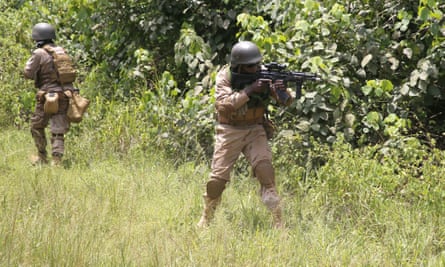 Soldiers from Ivory Coast, Burkina Faso and Niger participating in the US-sponsored Flintlock exercises in Jacqueville, Ivory Coast, in March.