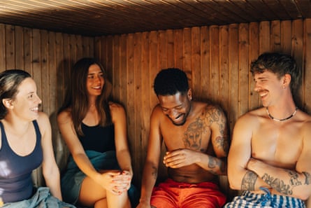 A group of friends in a sauna.