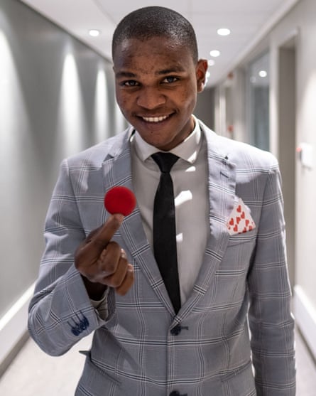 Illusionist Khanya Rubushe, a College of Magic student, before a performance at the Artscape theatre centre.
