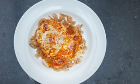 Scene-shifting cuisine: camarones fritos topped with a runny fried egg, Sabor Restaurant, London