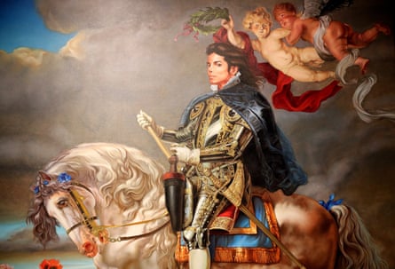 jackson sits on a horse while wearing royal regalia, under cherubs and against a cloudy sky
