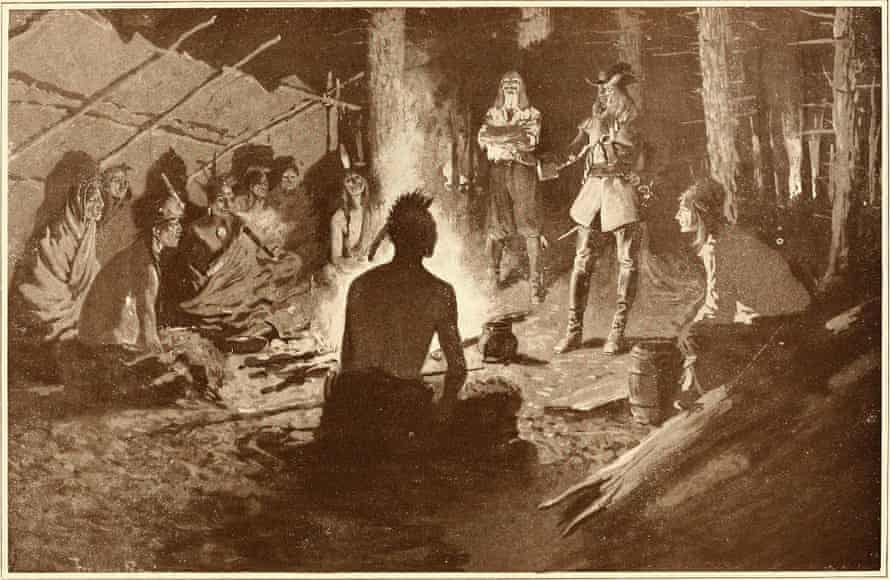 An image taken from a 1919 American school textbook, of Kandiaronk speaking to captured Iroquois diplomats in 1688.
