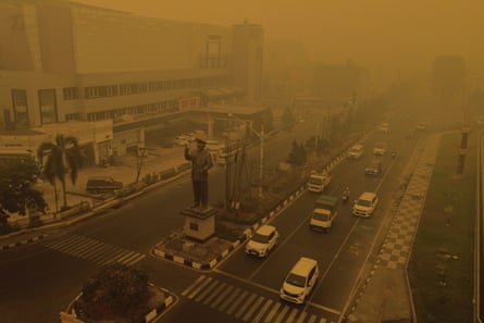 An aerial view shows thick smoke and haze in Palangkaraya, central Kalimantan.