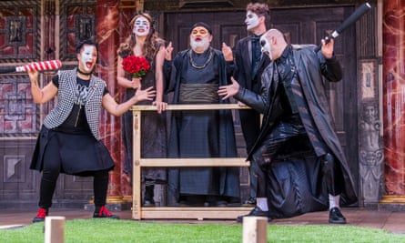 Golda Rosheuvel, left, as Mercutio with Kirsty Bushell, Harish Patel, Edward Hogg and Ricky Champ in Romeo and Juliet at Shakespeare’s Globe in 2017.