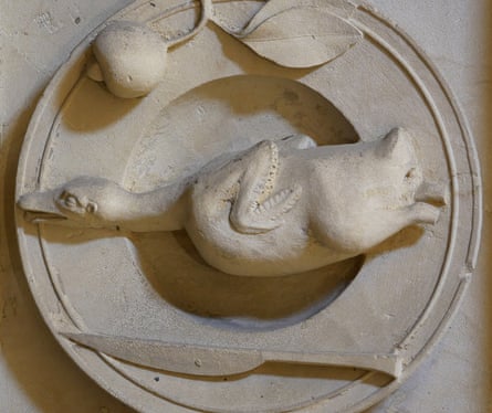 One of the 68 carvings, this one depicting a duck with a lemon