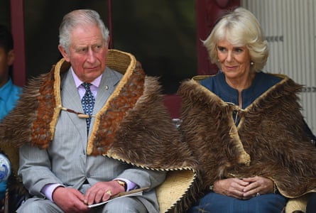 Charles and Camilla wearing Māori cloaks