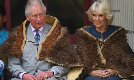 The Prince of Wales and the Duchess of Cornwall wear Maori cloaks, during their visit to Waitangi Treaty Grounds in 2019