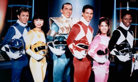 Power stance … (from left) David Yost, Thuy Trang, Jason David Frank, Austin St John, Amy Jo Johnson and Walter Emanuel Jones as the original cast of Might Morphin Power Rangers in 1993.