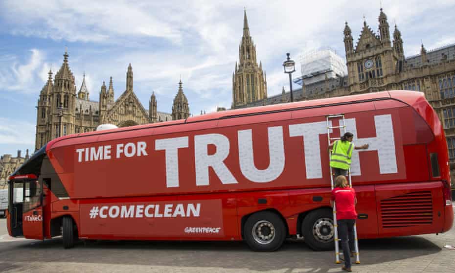 A Vote Leave battle bus, rebranded outside parliament in London by Greenpeace last month.