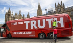 A Vote Leave battle bus is rebranded outside the Houses of Parliament by Greenpeace.