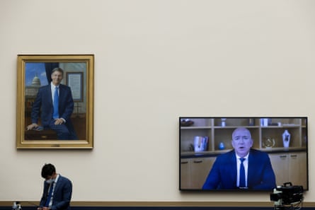 Amazon CEO Jeff Bezos testifies via video conference during the House Judiciary Committee’s investigation.