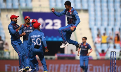 Mujeeb Ur Rahman celebrates the early wicket of the Netherlands’ Wesley Barresi