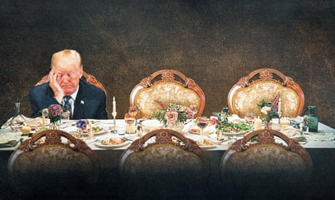 An illustration of Trump sitting at a dinner table alone, looking down