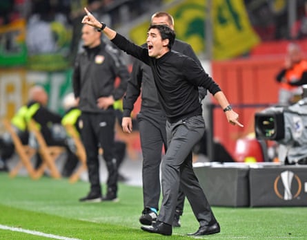 AEK Larnaca’s coach Andoni Iraola reacts during the Europa League group game between Bayer Leverkusen in October 2018.