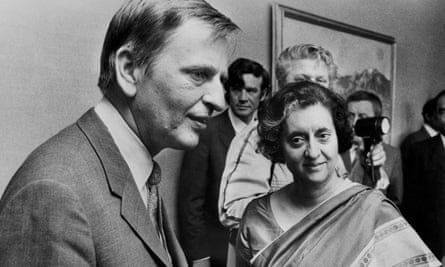 The Indian prime minister, Indira Gandhi, is greeted by her Swedish counterpart, Olof Palme, on the first day of the conference.