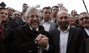Can Dündar and Erdem Gül before the trial began. Turkish president Recep Tayyip Erdoğan personally filed the lawsuit against them.