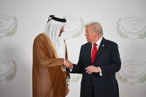 US President Donald Trump and Emir of Qatar Sheikh Tamim bin Hamad Al Thani during the Egyptian summit in Sharm El Sheik on 13 October 2025.