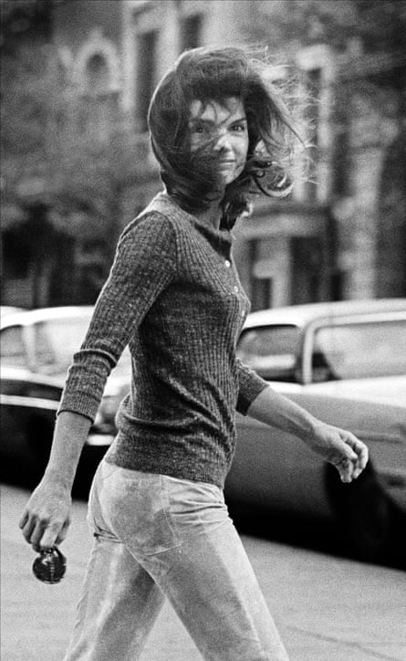 A windblown Jacqueline Kennedy Onassis on Madison Avenue, New York City, 1971. 