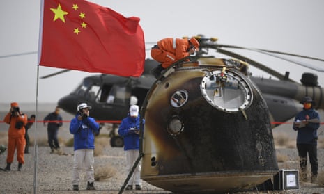 The return capsule of the Shenzhou-13 manned space mission is seen after landing at the Dongfeng landing site in northern China's Inner Mongolia Autonomous Region in April 2022.