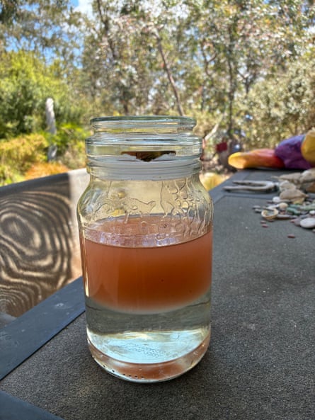 A water sample in a glass jar, showing the pink colour of the sludge