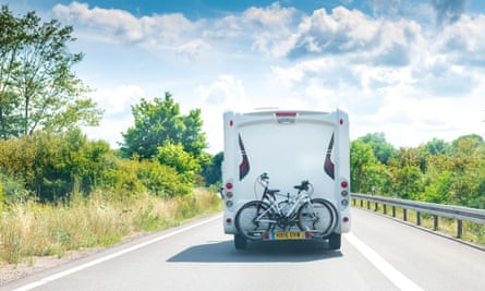 English motorhome on a road in France during the summer