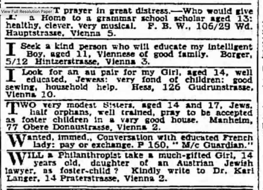 Small ads in the Manchester Guardian, 3 August 1938