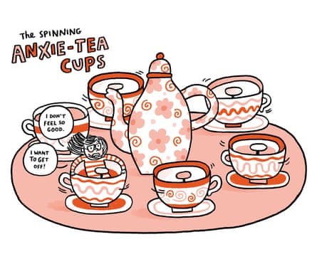 An illustration of spinning teacups called ‘anxie-tea cups’ with a figure of a woman in one.