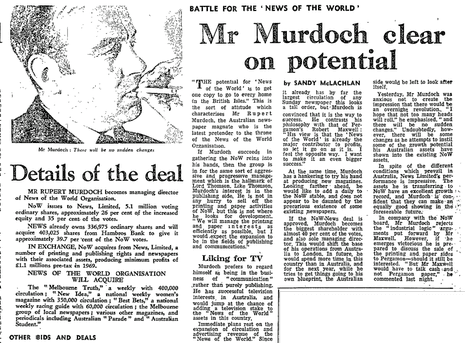 Guardian story from 1968 on Rupert Murdoch's bid for the News of the World, a large circulation British tabloid newspaper
