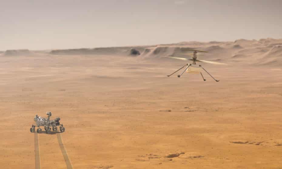An artist’s impression of how the Ingenuity helicopter may look when it lifts off into Martian skies.