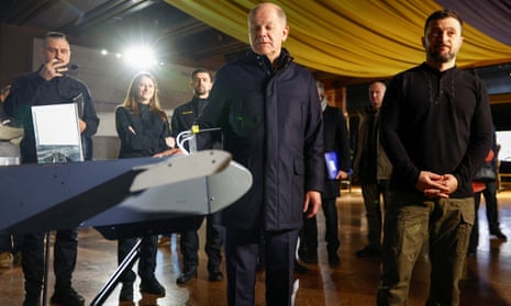 Volodymyr Zelenskyy and Olaf Scholz visit an exhibition of Ukrainian drones in Kyiv.