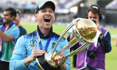 Eoin Morgan celebrates with the trophy after England’s dramatic World Cup victory against New Zealand at Lord’s on 14 July 2019.