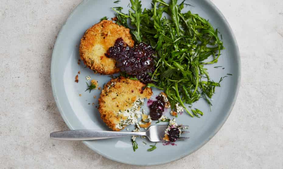 Yotam Ottolenghi’s fried goat’s cheese with quick blueberry chutney.