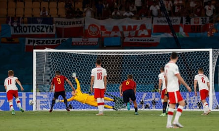Spain’s Gerard Moreno (second left) watches as his penalty comes back off the post.