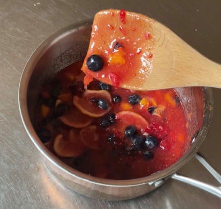 Fruit that has gone runny after being left to macerate in sugar for a couple of hours