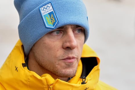 Vladyslav Heraskevych talks to the media at the start house of the sliding centre on Thursday.